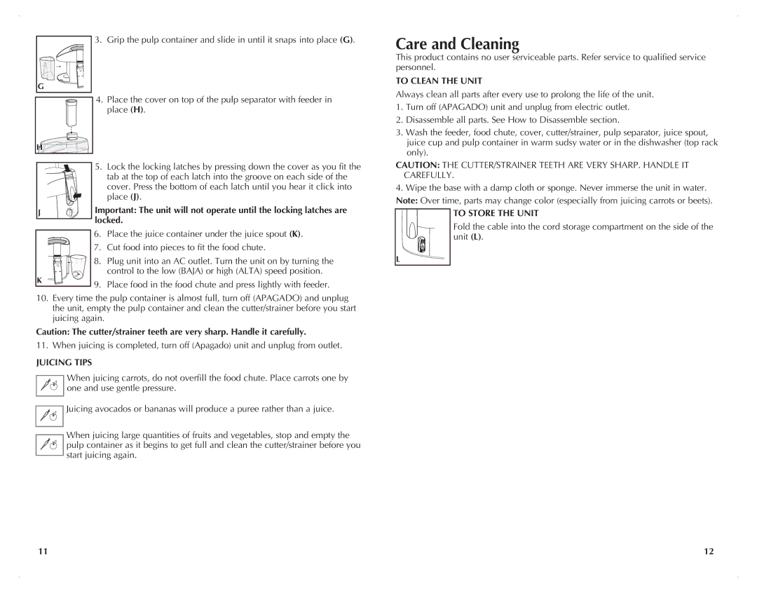 Black & Decker JE2001 manual Care and Cleaning, To Clean the Unit, To Store the Unit, Juicing Tips 