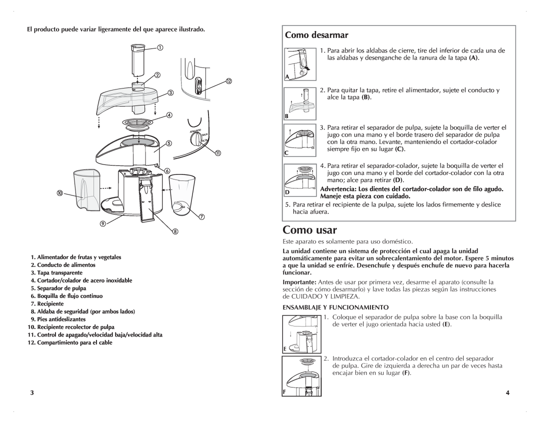 Black & Decker JE2001 manual Como usar, Como desarmar, Ensamblaje y funcionamiento 