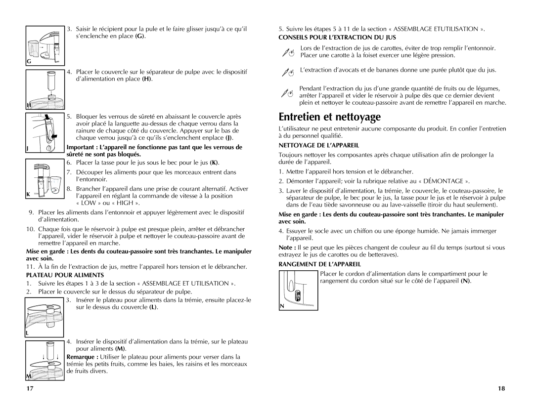 Black & Decker JE2060BL, JE2050 manual Entretien et nettoyage, Conseils pour l’extraction du jus, Nettoyage de l’appareil 