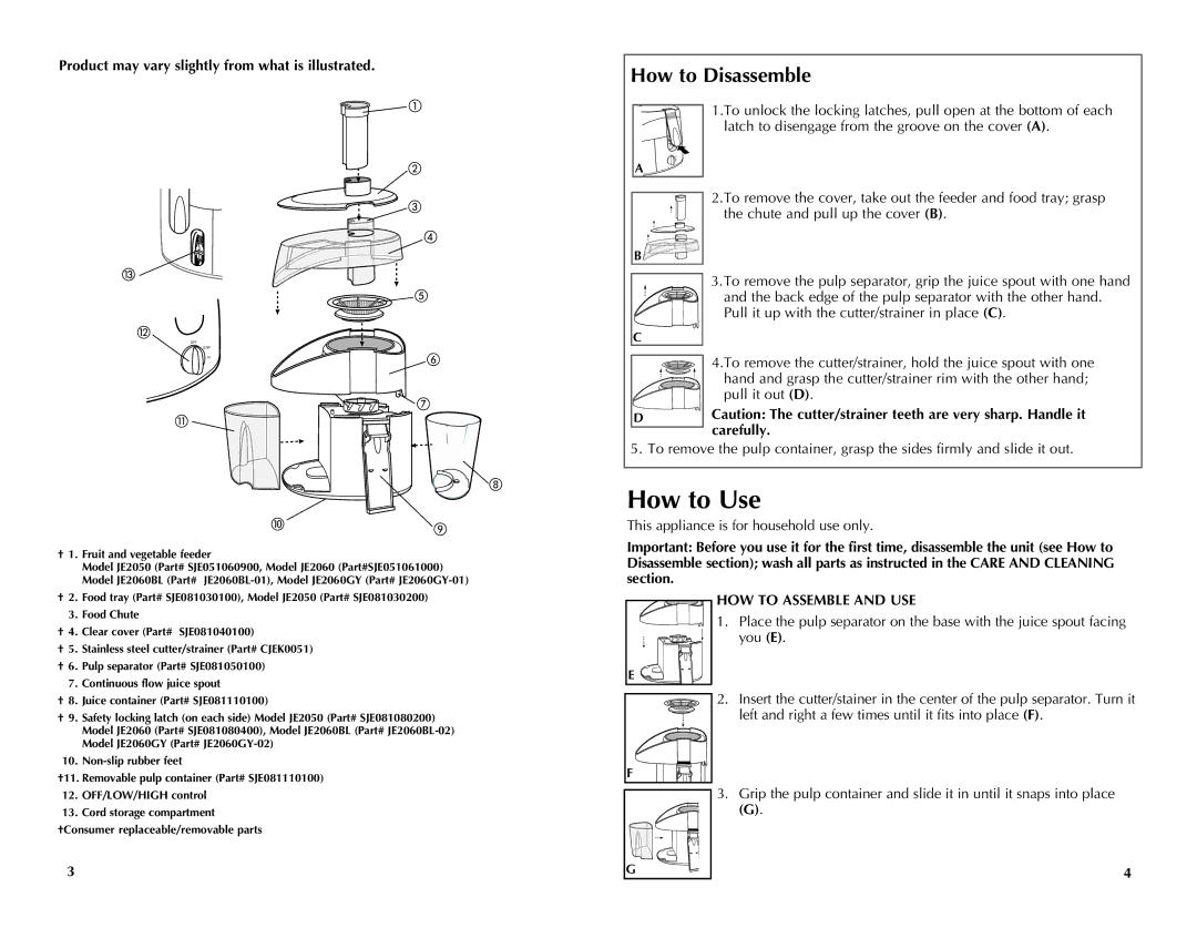 Black & Decker JE2050, JE2060GY manual How to Use, How to Disassemble, Product may vary slightly from what is illustrated 