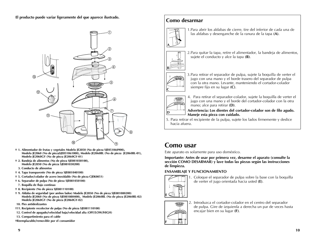 Black & Decker JE2060BL, JE2050, JE2060GY manual Como usar, Como desarmar, Este aparato es solamente para uso doméstico 