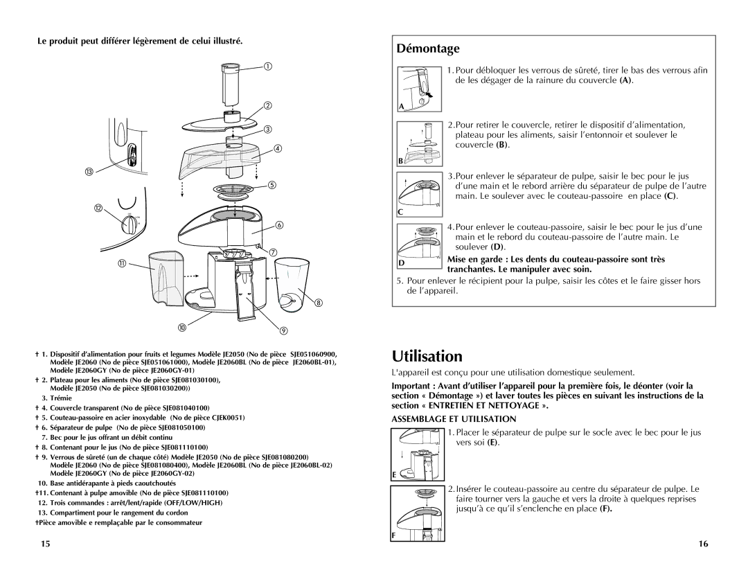 Black & Decker JE2060GY, JE2050, JE2060BL Utilisation, Démontage, Le produit peut différer légèrement de celui illustré 