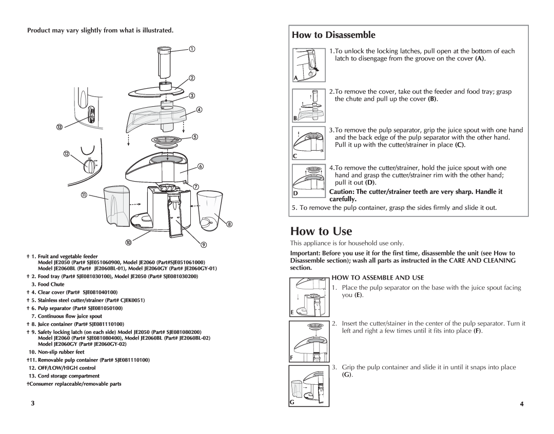 Black & Decker JE2050, JE2060GY, JE2060BL manual How to Use, How to Disassemble, How to Assemble and Use 