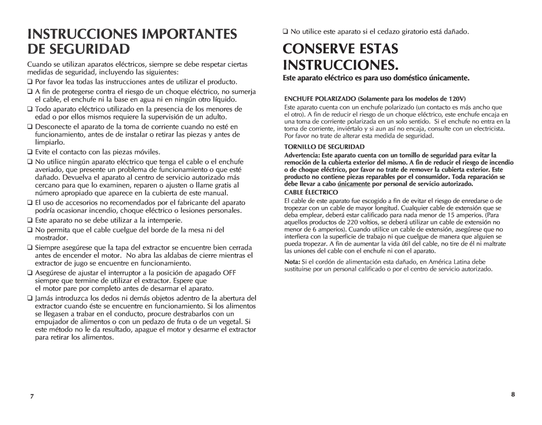 Black & Decker JE2060GY, JE2050, JE2060BL manual Conserve Estas Instrucciones, Instrucciones Importantes De Seguridad 