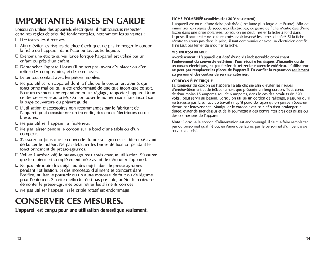 Black & Decker JE2050, JE2060GY, JE2060BL manual Importantes Mises En Garde, Conserver Ces Mesures 