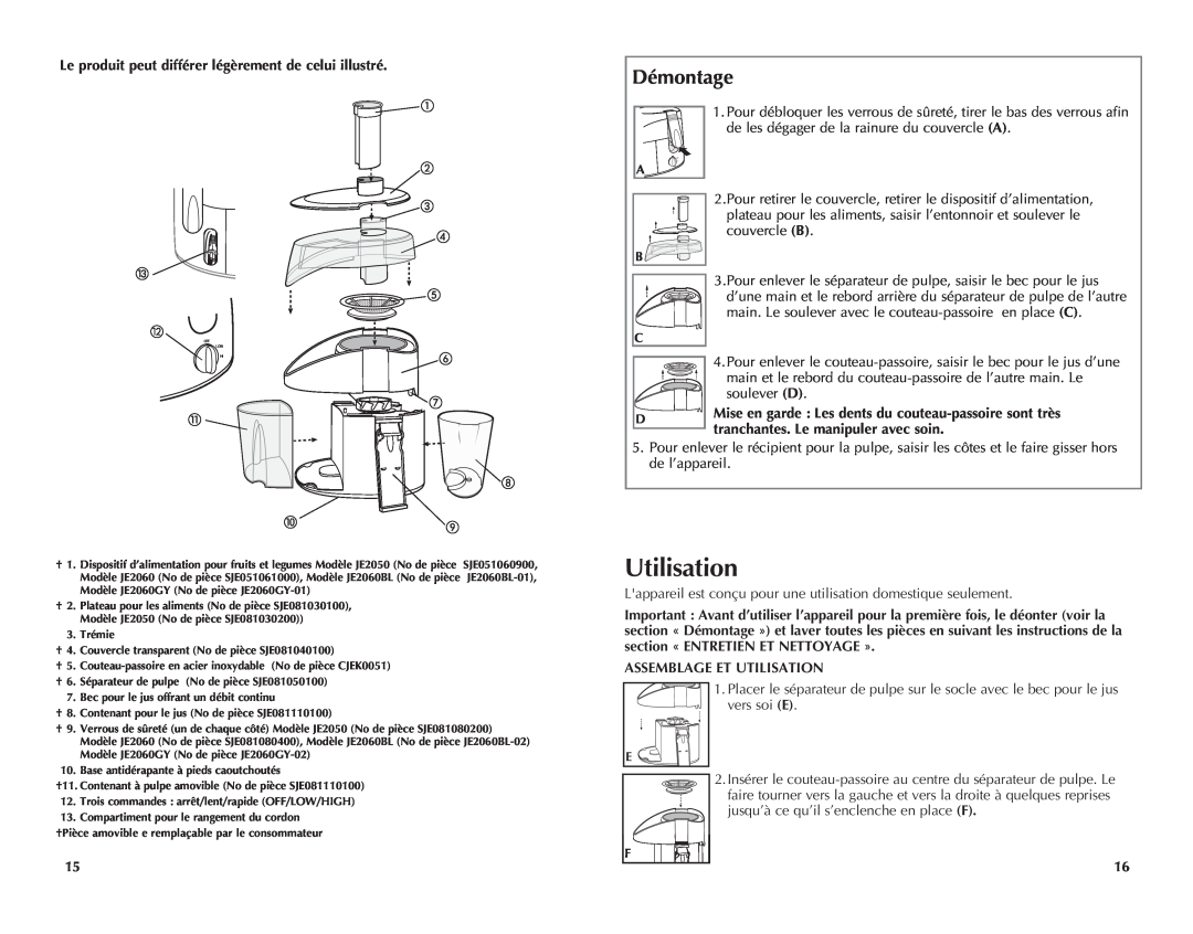 Black & Decker JE2060GY, JE2050, JE2060BL manual Utilisation, Démontage, Assemblage et utilisation 