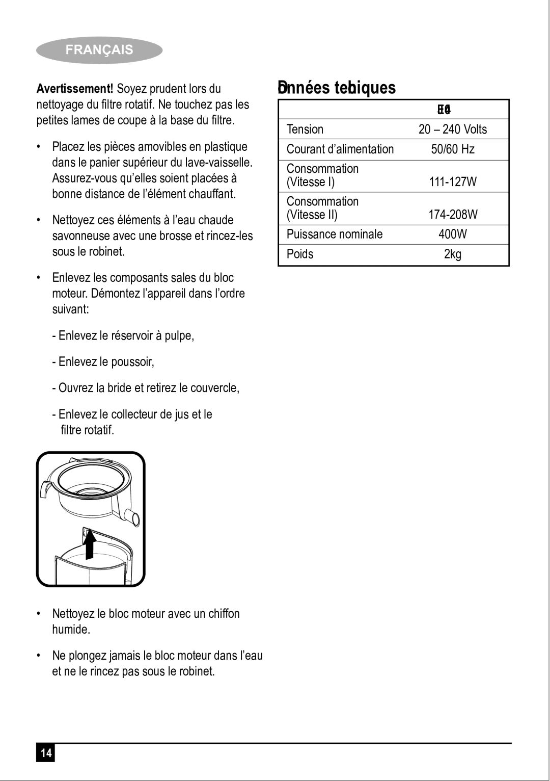 Black & Decker JE400 manual Données techniques 