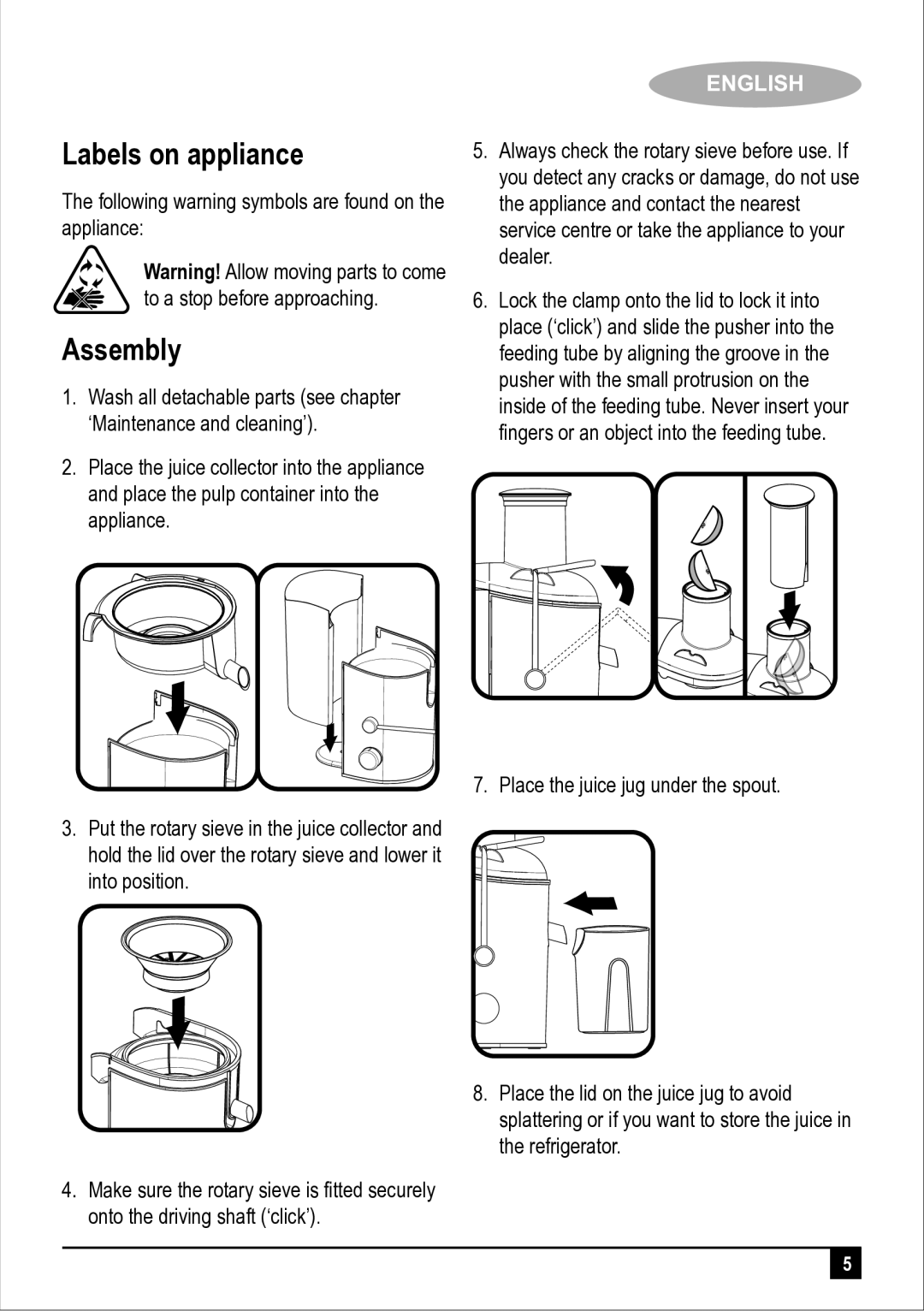 Black & Decker JE400 manual Labels on appliance, Assembly 