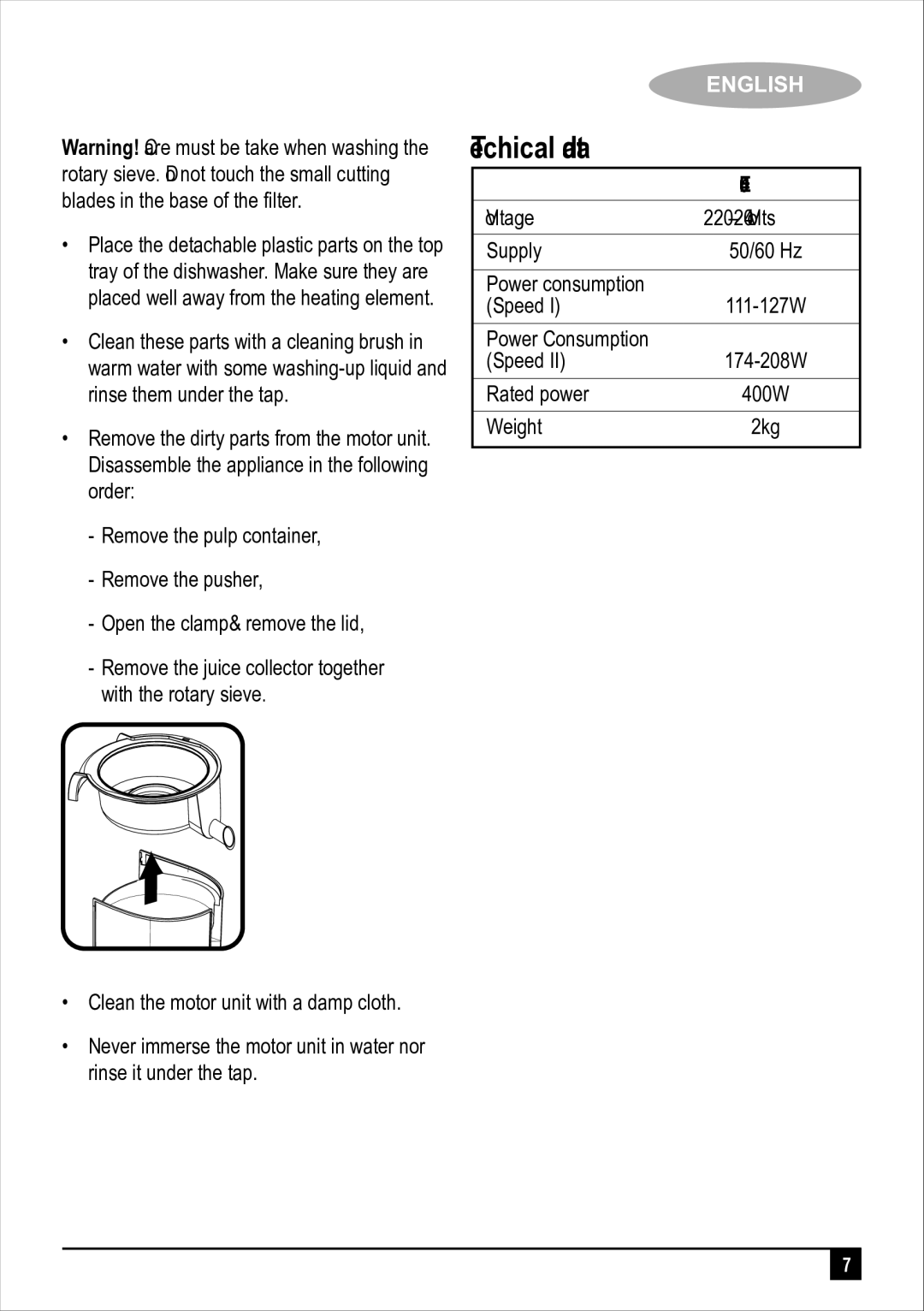 Black & Decker JE400 manual Technical data 