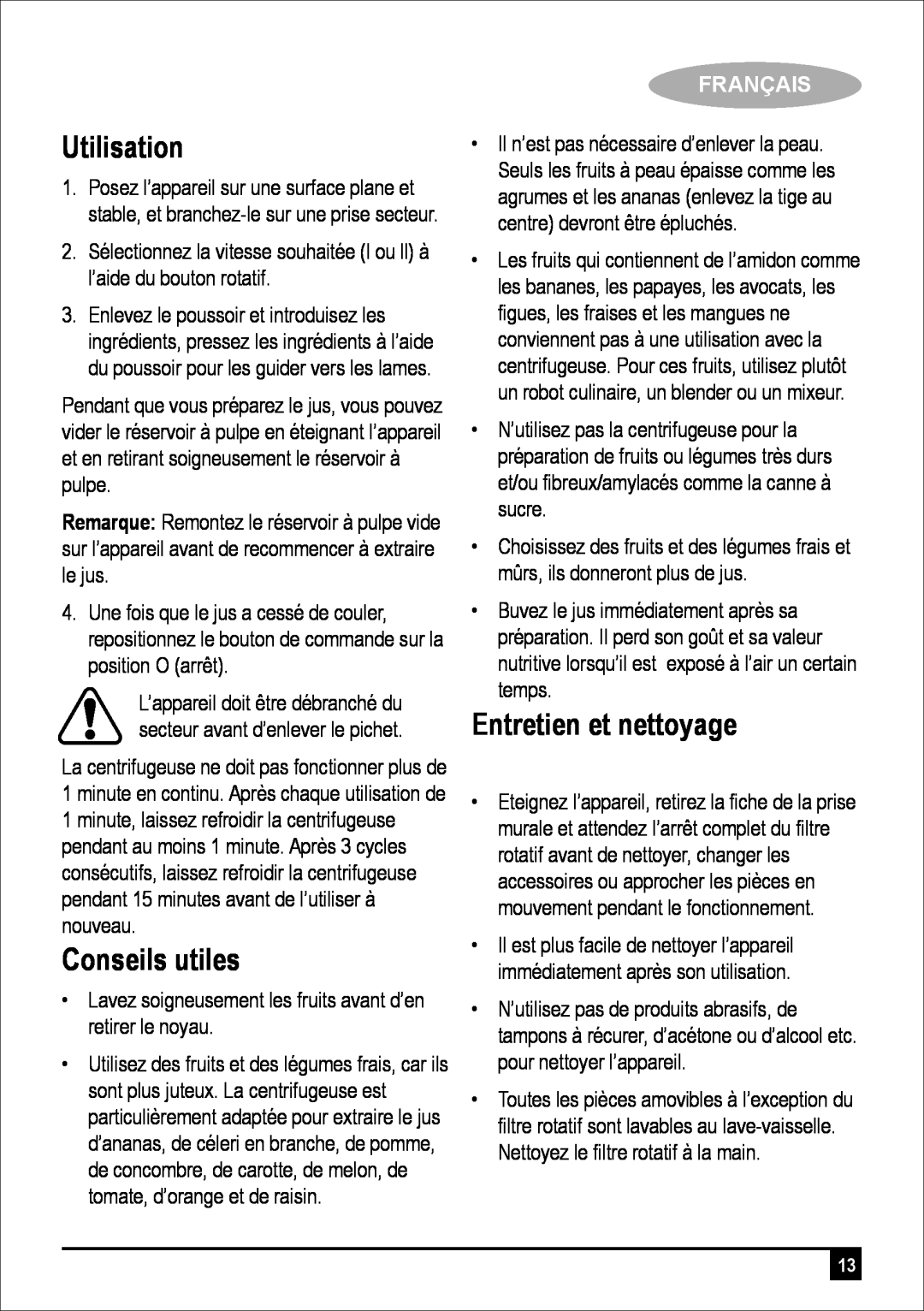 Black & Decker JE400 manual Utilisation, Conseils utiles, Entretien et nettoyage, Français 