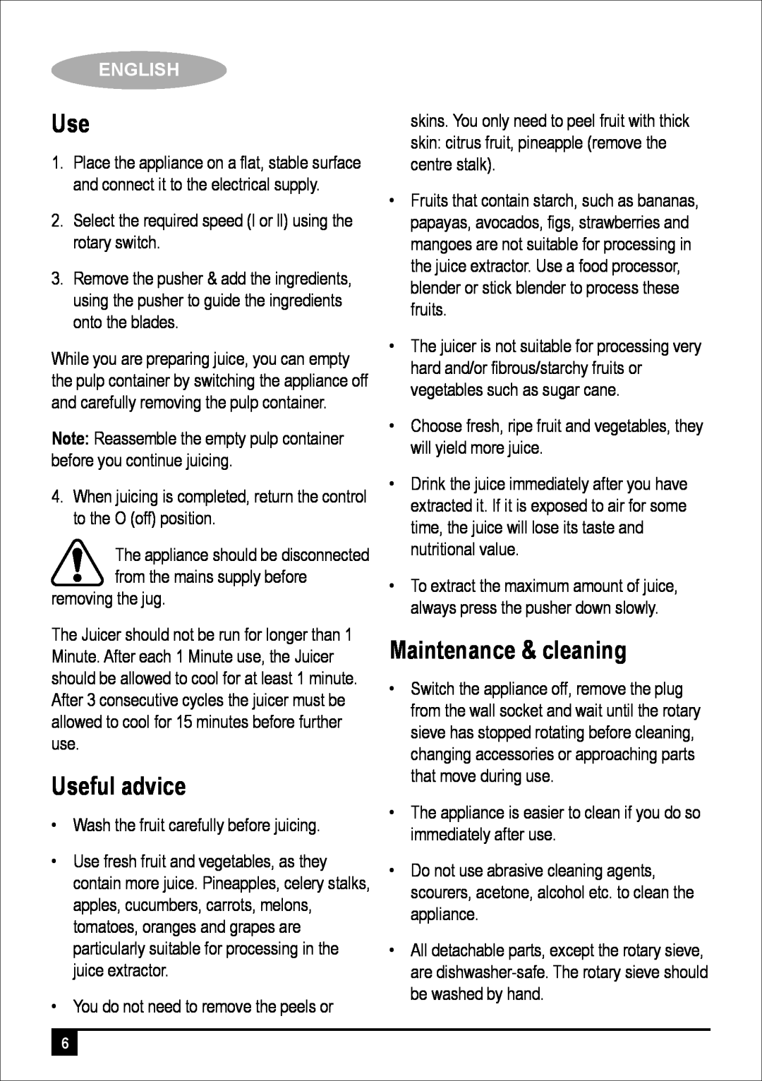 Black & Decker JE400 manual Useful advice, Maintenance & cleaning, English 