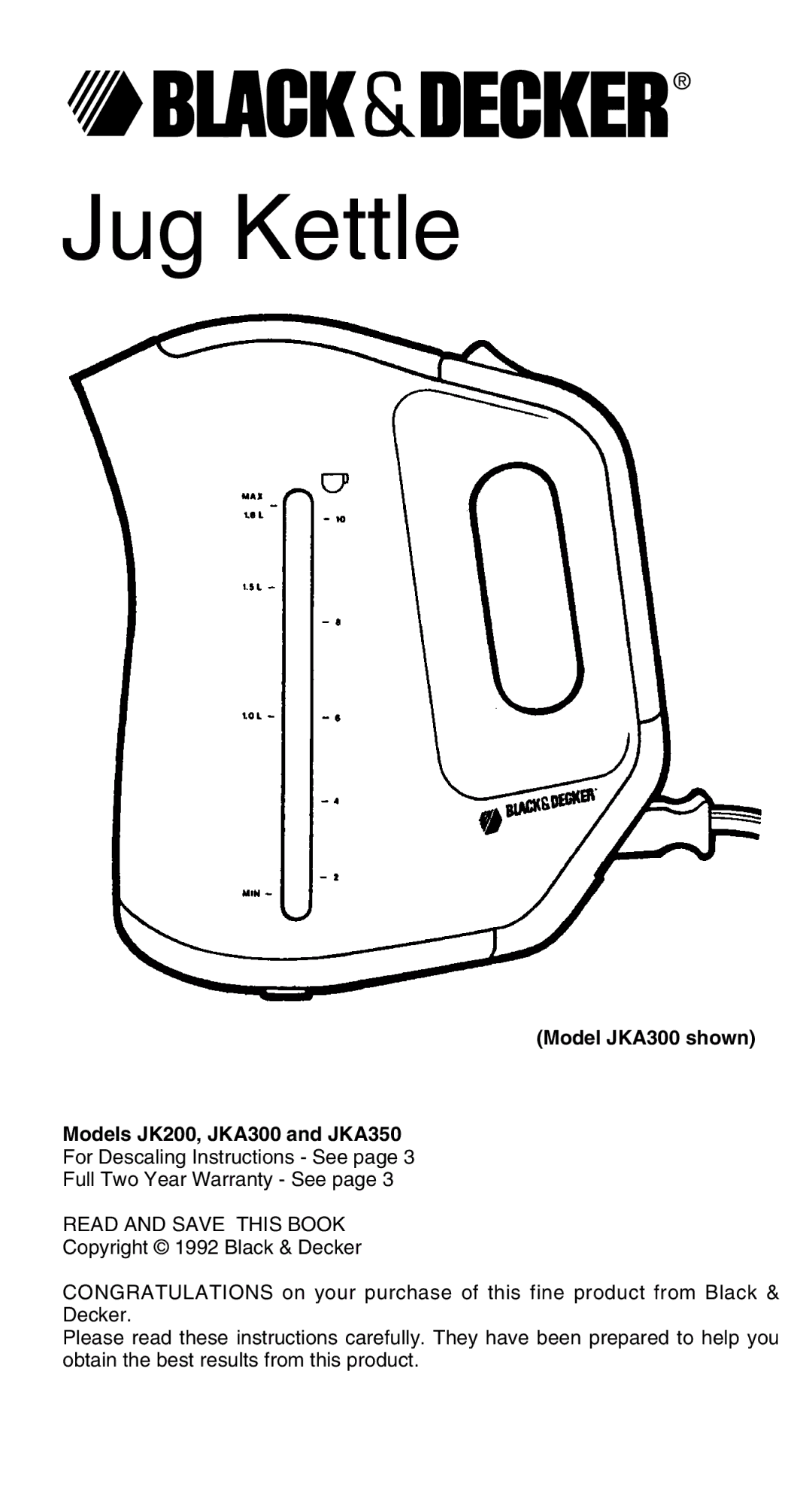 Black & Decker JKA350, JKA300, JK200 warranty Jug Kettle 