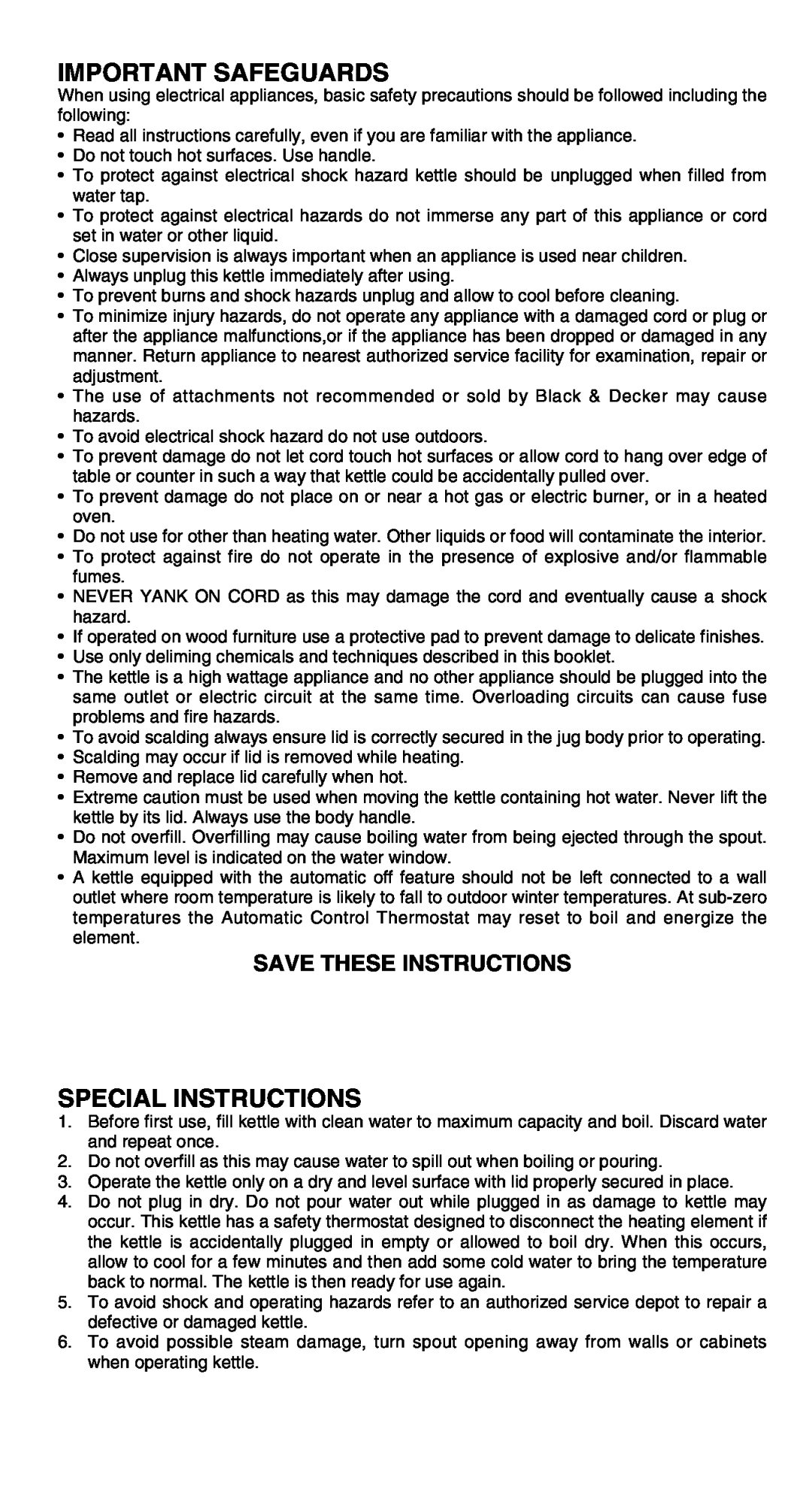 Black & Decker JK200, JKA300, JKA350 warranty Important Safeguards, Special Instructions, Save These Instructions 