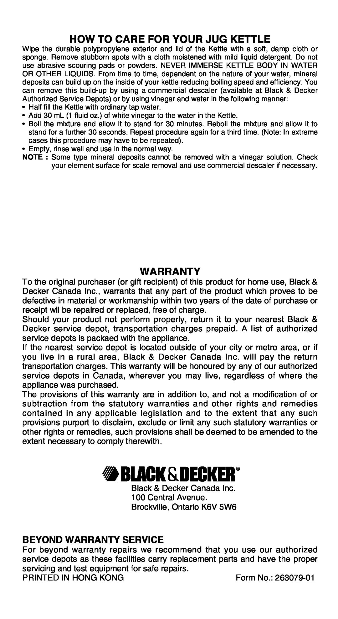 Black & Decker JKA350, JKA300, JK200 warranty How To Care For Your Jug Kettle, Beyond Warranty Service 
