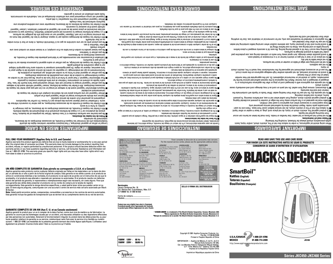 Black & Decker JKC450 warranty Mesures Ces Conserver, Garde En Mises Importantes, Instrucciones Estas Guarde, SmartBoil 