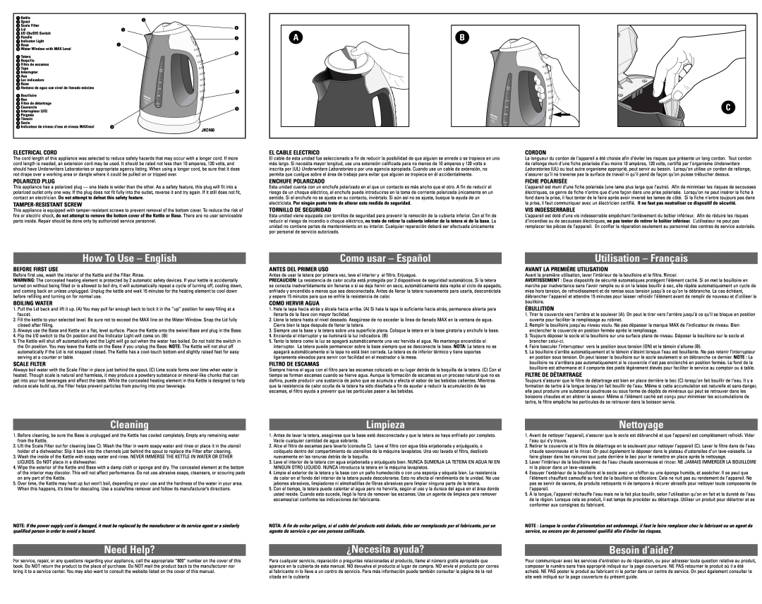 Black & Decker JKC460 How To Use - English, Como usar - Español, Utilisation - Français, Cleaning, Need Help?, Limpieza 