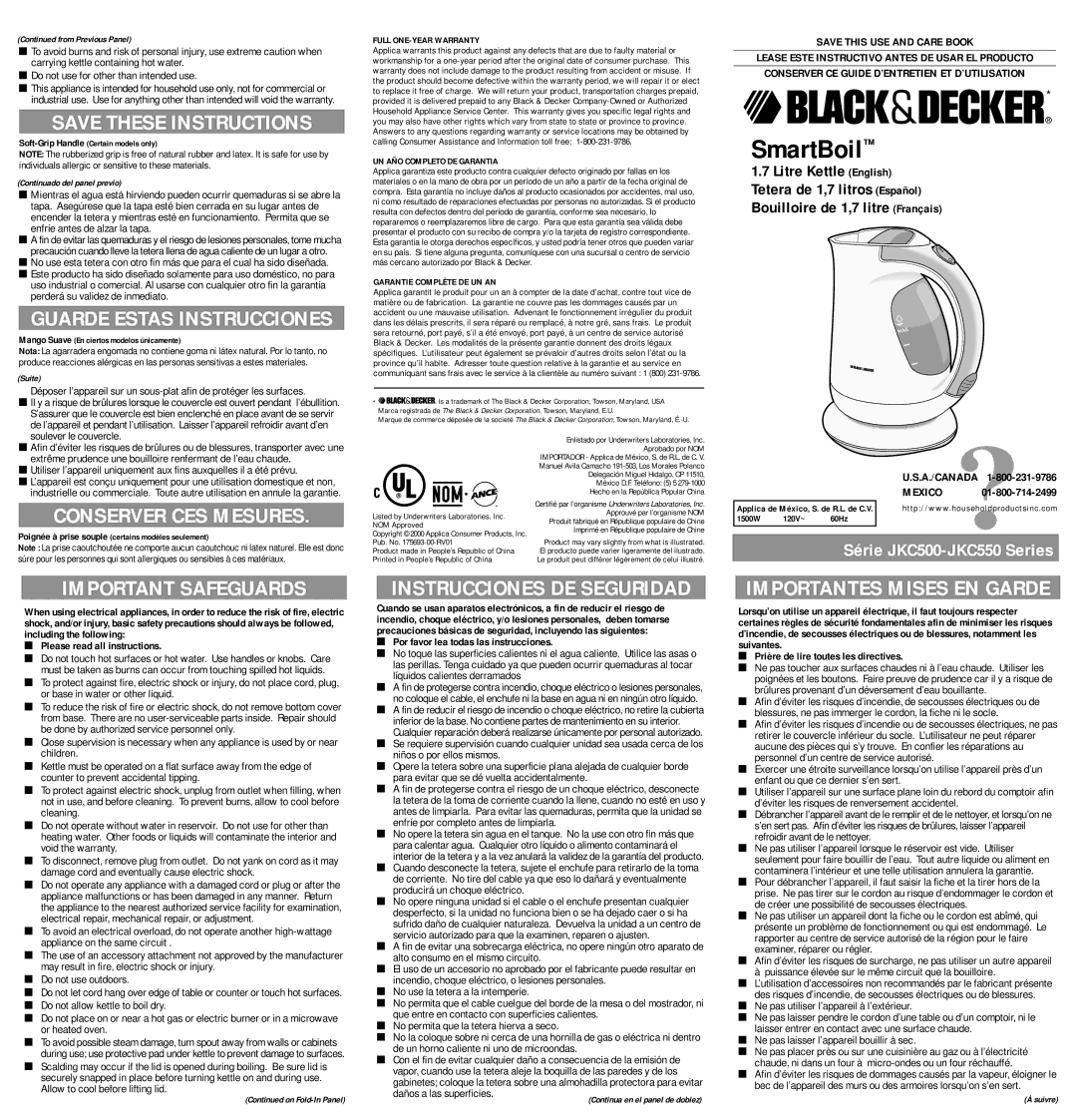 Black & Decker JKC500 user service SmartBoil 