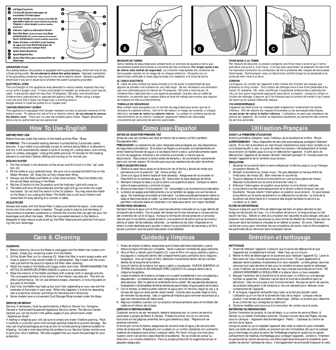 Black & Decker JKC500 How To Use-English, Care & Cleaning, Como usar-Español, Cuidado y limpieza, Utilisation-Français 