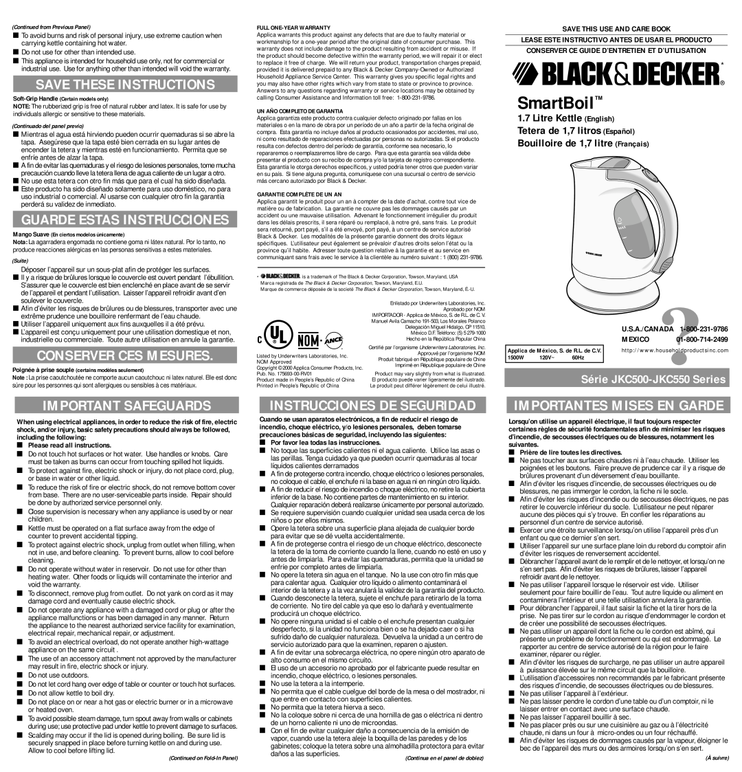 Black & Decker JKC500 user service Save These Instructions, Conserver Ces Mesures, Important Safeguards, SmartBoil, Mexico 