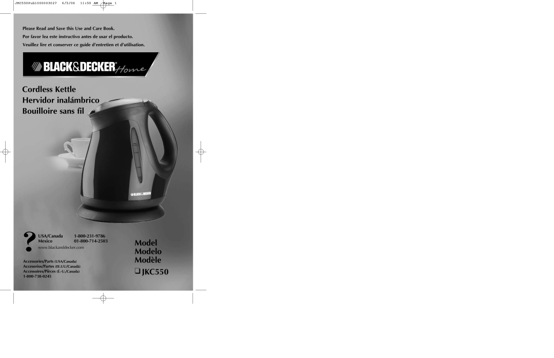 Black & Decker manual Cordless Kettle Hervidor inalámbrico, Bouilloire sans fil, Model Modelo Modèle JKC550 