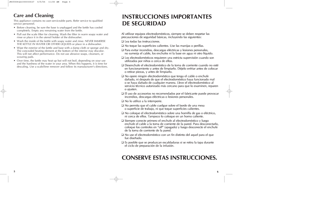 Black & Decker JKC550 manual Instrucciones Importantes De Seguridad, Conserve Estas Instrucciones, Care and Cleaning 