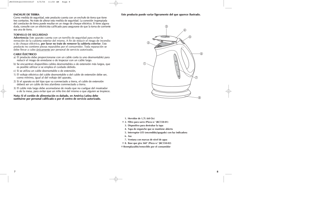 Black & Decker JKC550 manual Enchufe De Tierra, Tornillo De Seguridad, Cable Électrico 