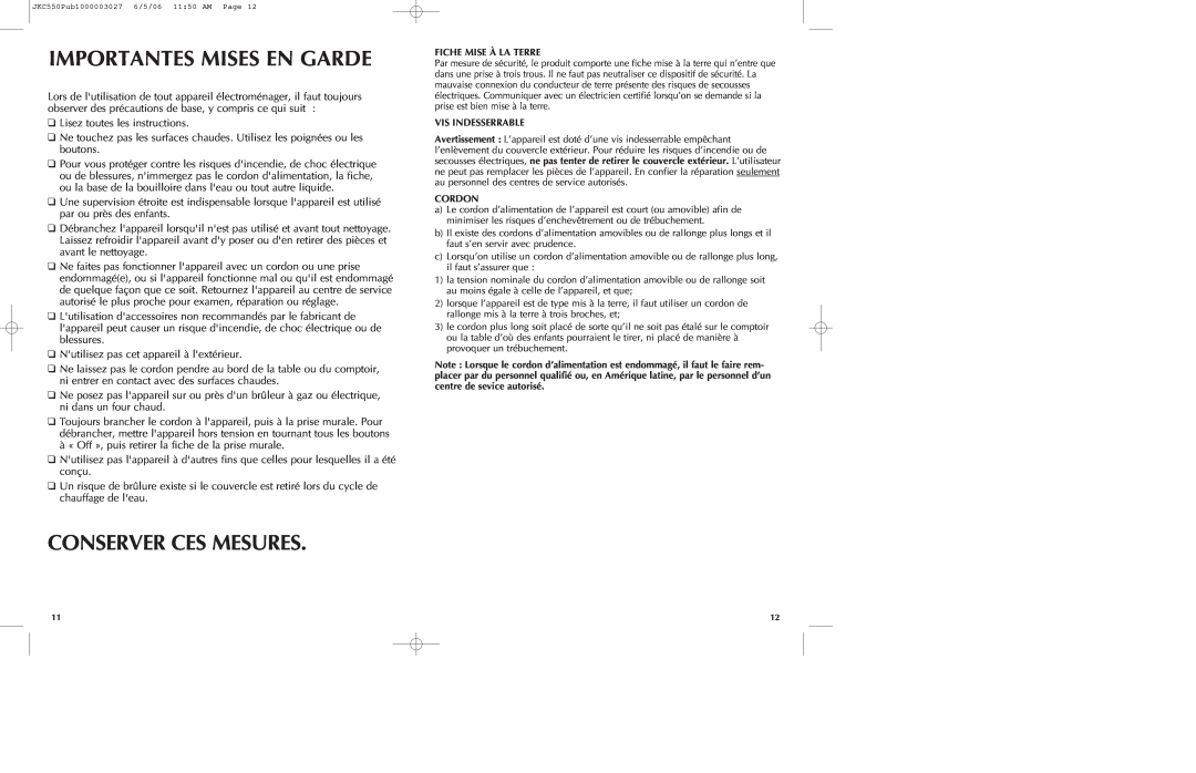 Black & Decker JKC550 manual Importantes Mises En Garde, Conserver Ces Mesures 