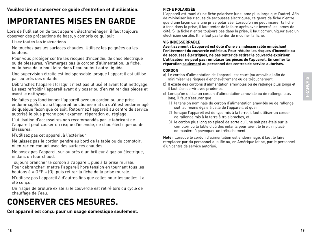 Black & Decker JKC650 manual Importantes Mises EN Garde, Conserver CES Mesures, Français 