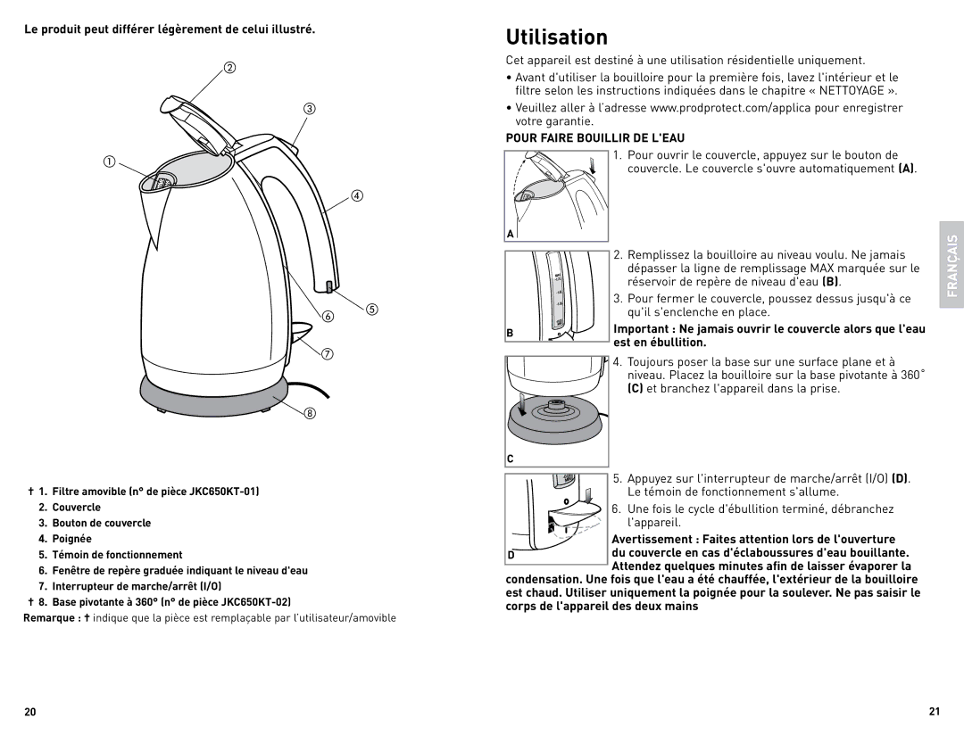 Black & Decker JKC650 manual Utilisation, Pour Faire Bouillir DE Leau 