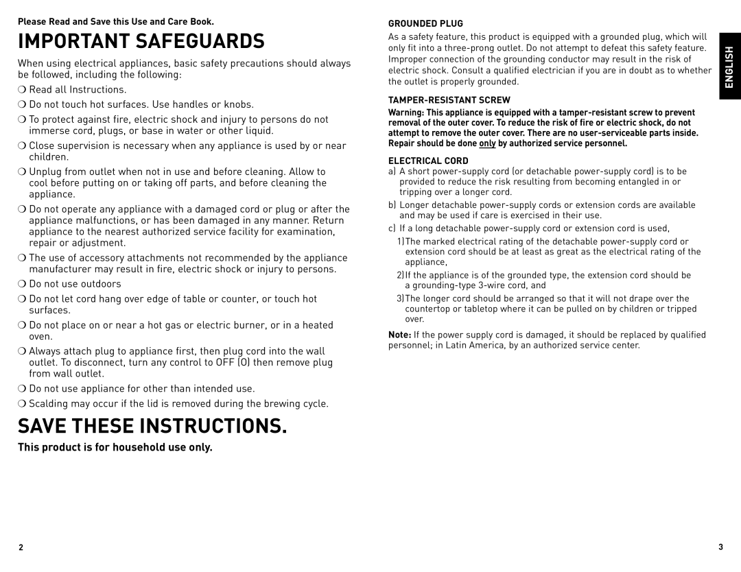 Black & Decker JKC650 manual Important Safeguards, English, Please Read and Save this Use and Care Book, Grounded Plug 