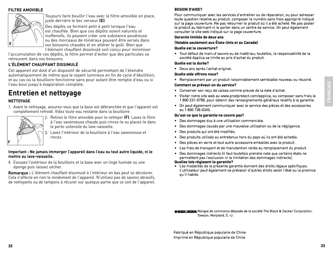 Black & Decker JKC650 manual Entretien et nettoyage 
