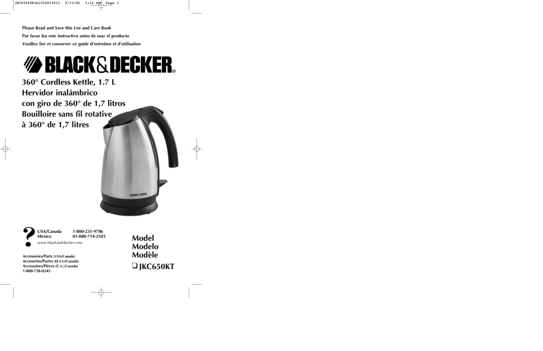 Black & Decker JKC650KT manual Cordless Kettle, 1.7 L Hervidor inalámbrico, 360 de 1,7 litres 