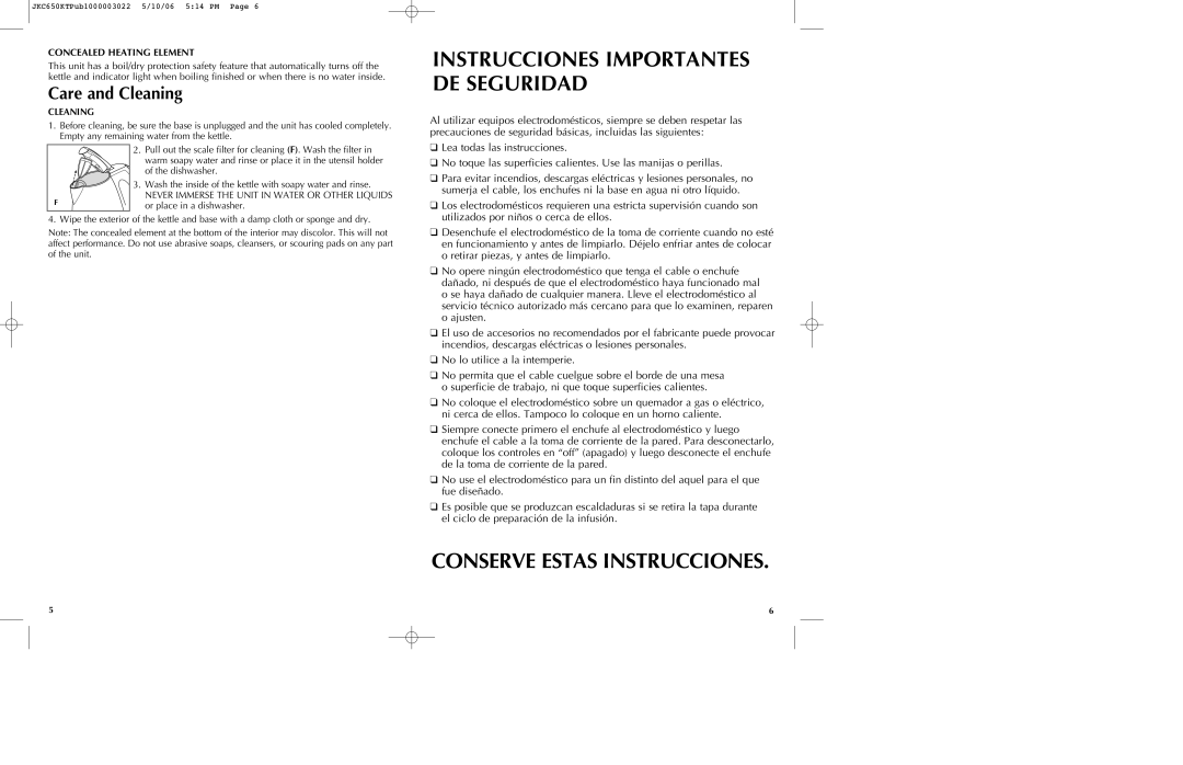 Black & Decker JKC650KT manual Instrucciones Importantes DE Seguridad, Conserve Estas Instrucciones, Care and Cleaning 