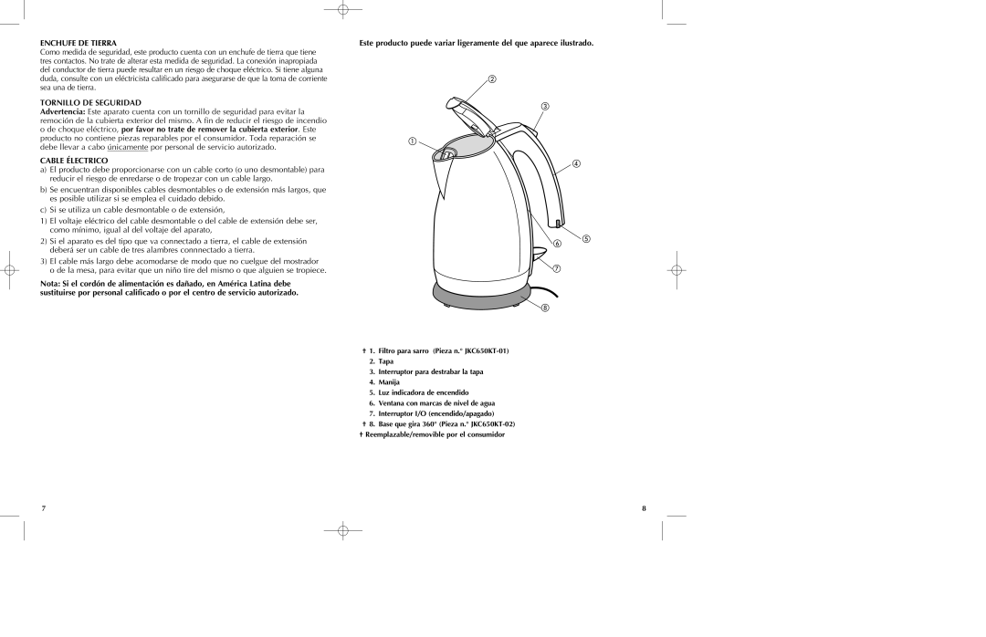 Black & Decker JKC650KT manual Enchufe DE Tierra, Cable Électrico 