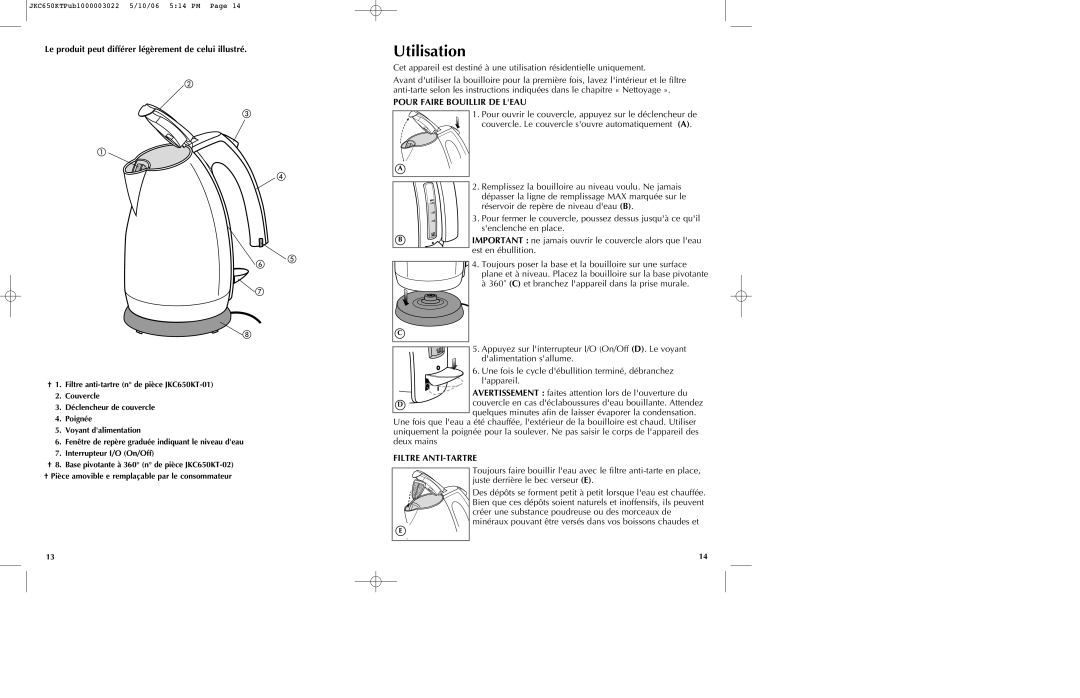 Black & Decker JKC650KT Utilisation, Le produit peut différer légèrement de celui illustré, Pour Faire Bouillir DE Leau 