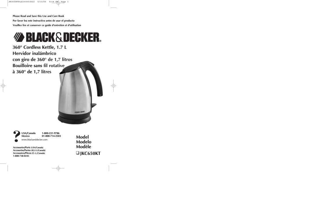 Black & Decker JKC650KT manual Cordless Kettle, 1.7 L Hervidor inalámbrico, à 360 de 1,7 litres 