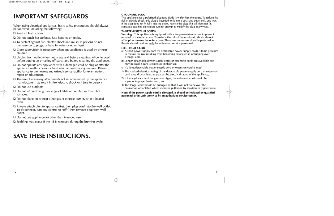 Black & Decker JKC650KT manual Important Safeguards, Save These Instructions 