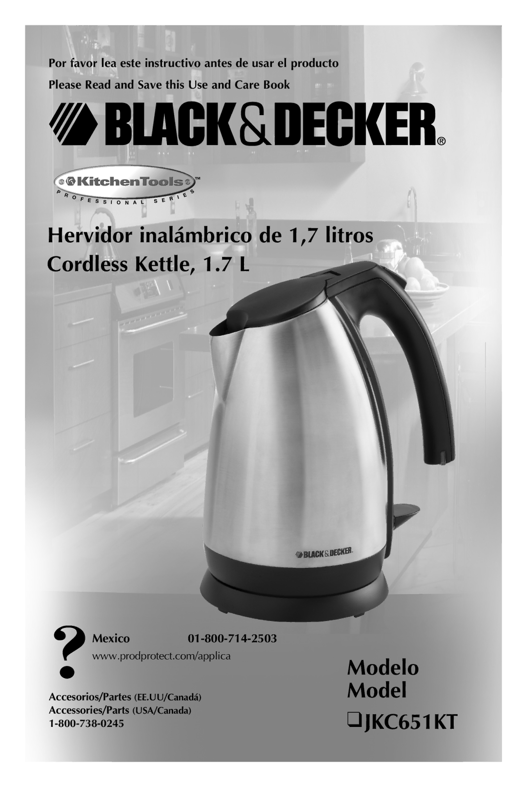 Black & Decker manual Hervidor inalámbrico de 1,7 litros Cordless Kettle, 1.7 L, Modelo JKC651KT, Mexico 