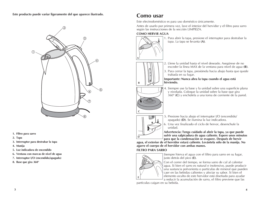 Black & Decker JKC651KT manual Como usar, Como Hervir Agua, Hirviendo, Filtro Para Sarro 