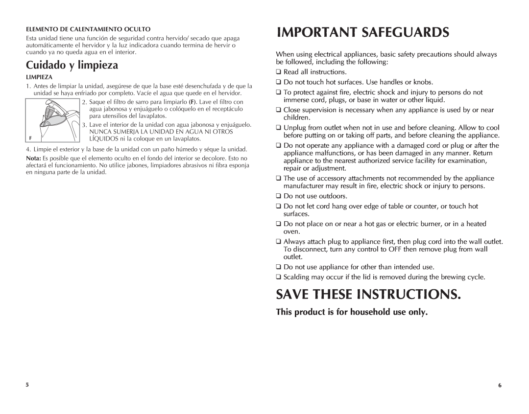 Black & Decker JKC651KT manual Important Safeguards, Save These Instructions, Cuidado y limpieza 