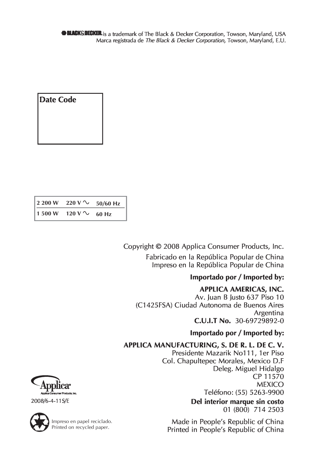 Black & Decker JKC651KT manual Date Code, Importado por / Imported by Applica Americas, Inc 