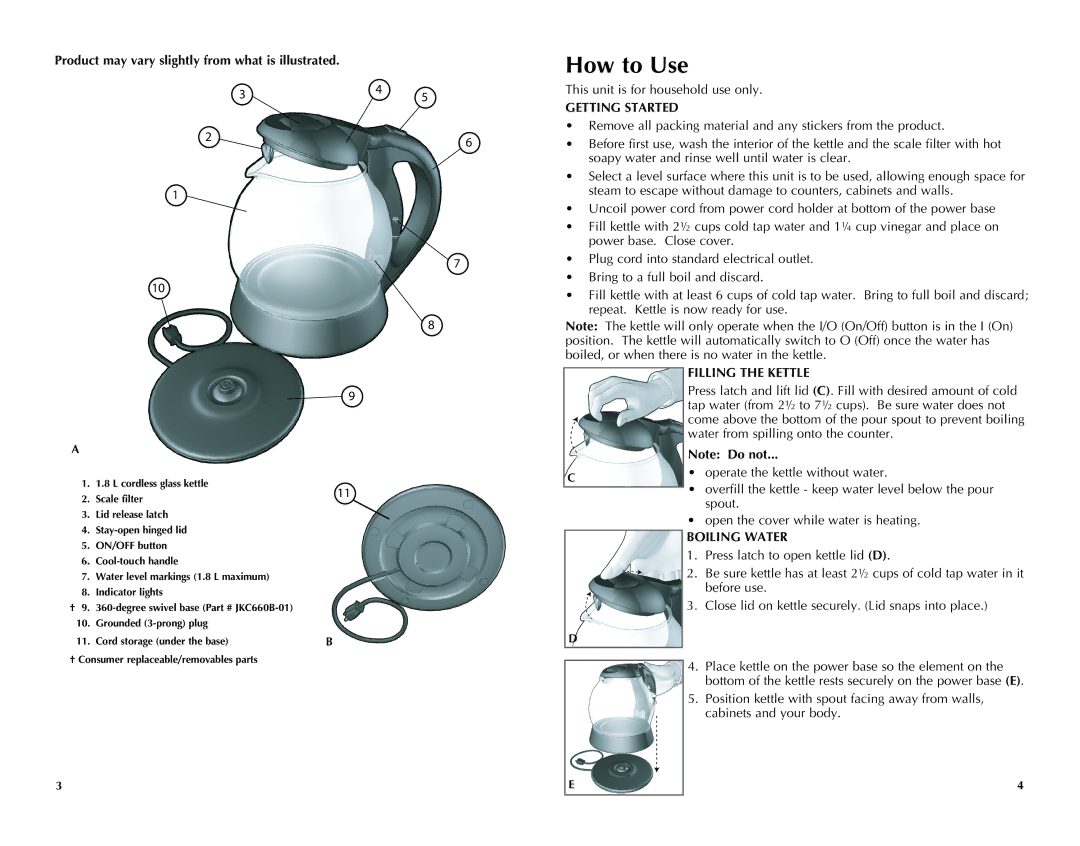 Black & Decker JKC660BC How to Use, Product may vary slightly from what is illustrated, Getting Started, Boiling Water 