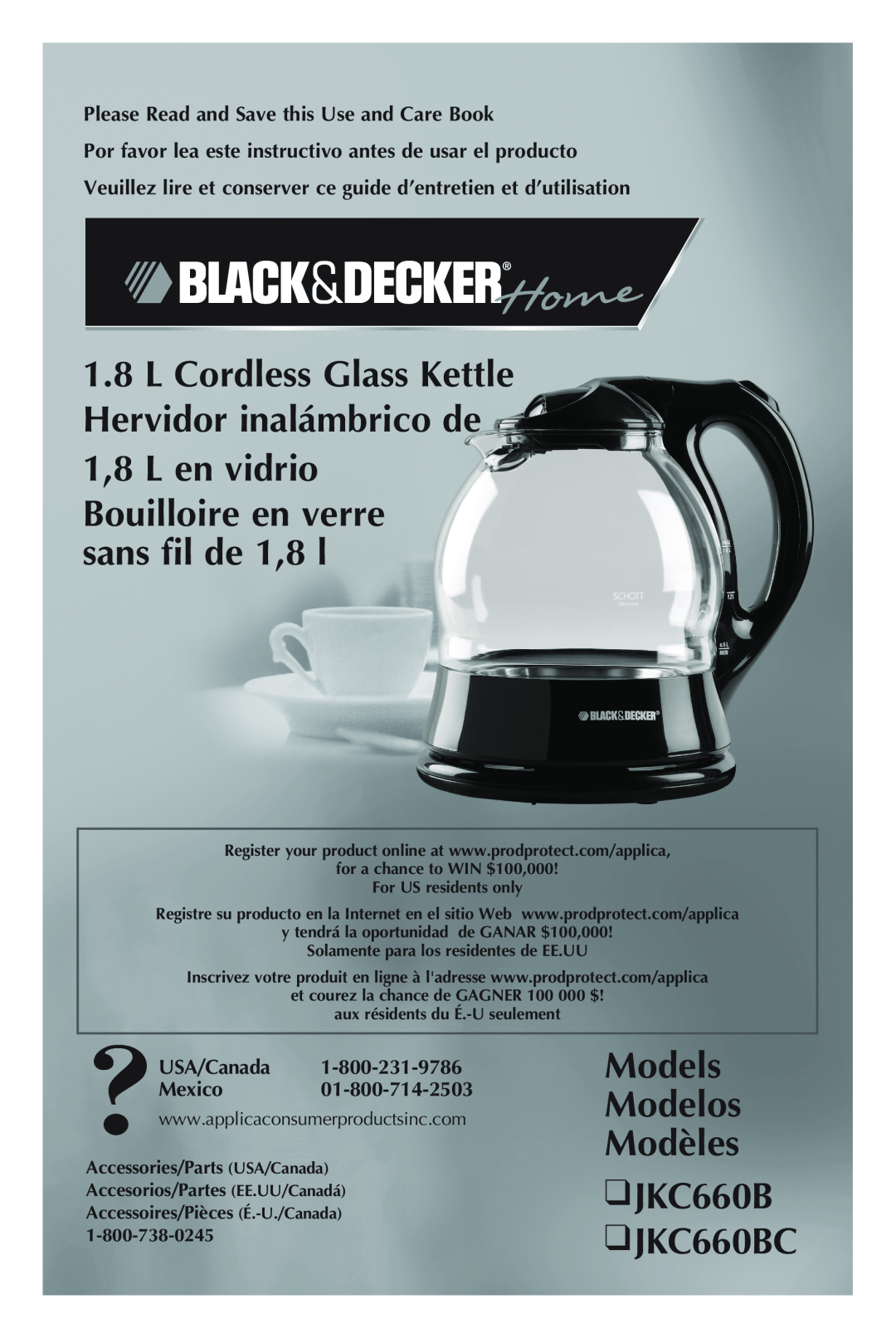 Black & Decker manual Models Modelos Modèles JKC660B JKC660BC, L Cordless Glass Kettle Hervidor inalámbrico de 