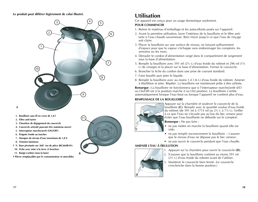 Black & Decker JKC660BC manual Utilisation, Le produit peut différer légèrement de celui illustré, Pour Commencer 