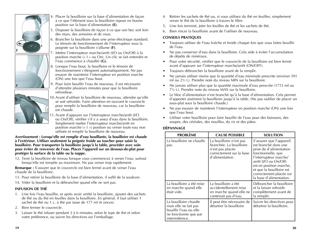 Black & Decker JKC660BC manual Infusion De Thé, Conseils Pratiques, Dépannage, Problème, Cause Possible, Solution 