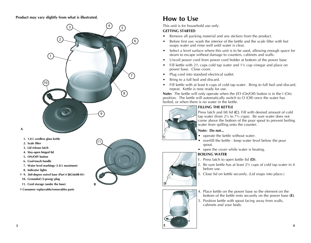 Black & Decker JKC660BC manual How to Use, Product may vary slightly from what is illustrated, Getting Started, Note Do not 