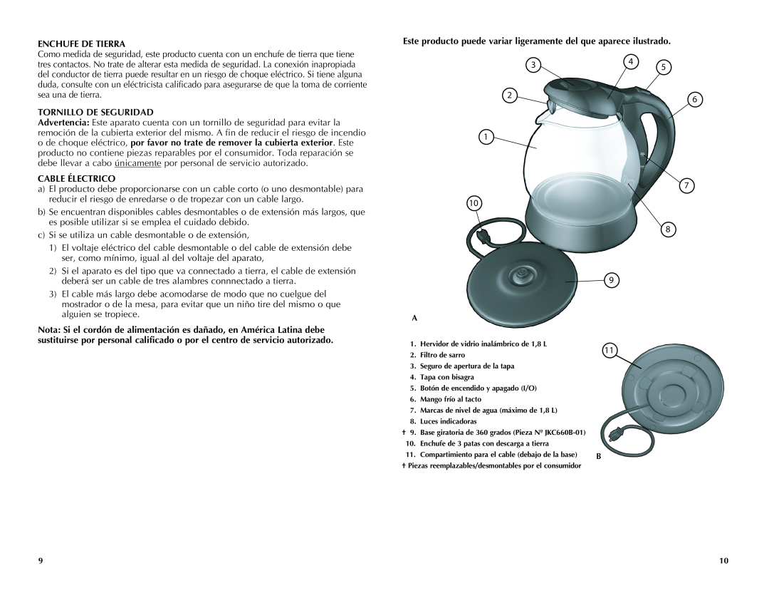 Black & Decker JKC660BC manual Enchufe De Tierra, Tornillo De Seguridad, Cable Électrico 