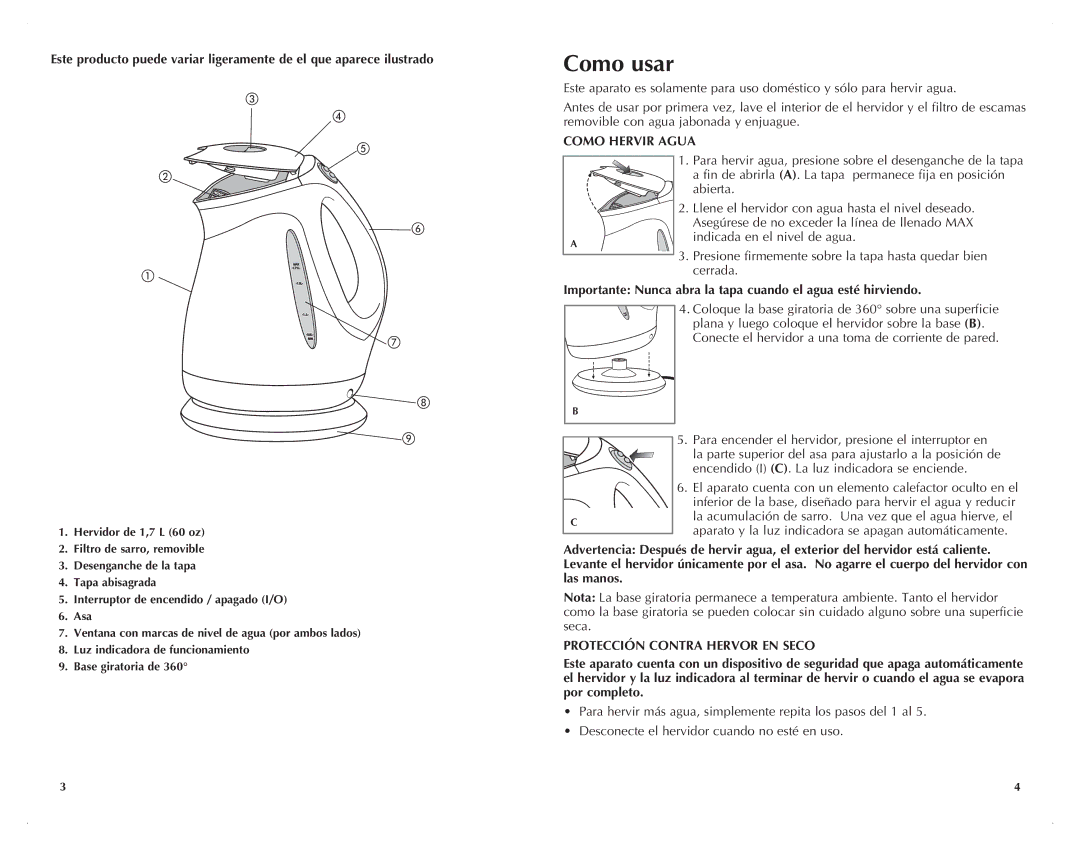 Black & Decker JKC680-CL manual Como usar, Como Hervir Agua, Importante Nunca abra la tapa cuando el agua esté hirviendo 