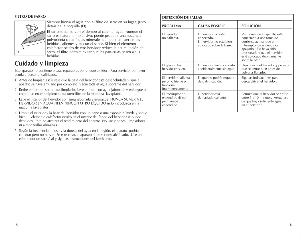 Black & Decker JKC680-CL manual Cuidado y limpieza, Detección DE Fallas Problema Causa Posible Solución 