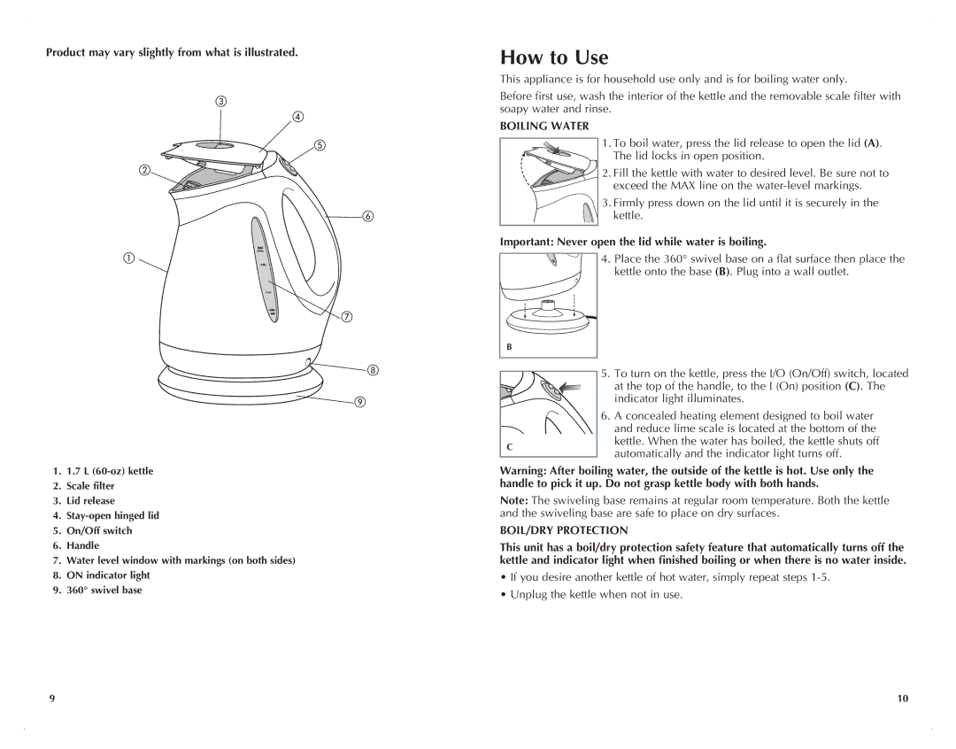 Black & Decker JKC680-CL manual How to Use, Product may vary slightly from what is illustrated, Boiling Water 